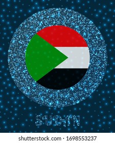 Round Sudan badge. Flag of Sudan in glowing network mesh style. Country network logo. Charming vector illustration.