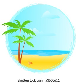Round summer banner with grunge frame, palms, starfish