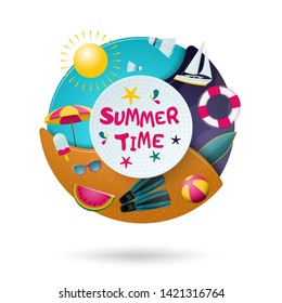 Round summer beach holiday design. Summer time. Vector illustration.