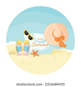 Round summer beach illustration with palm tree, flip flops, hat and bag. Can be used for postcards, travel ads, stickers