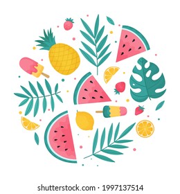 Round summer composition of tropical leaves, summer fruits, watermelons and ice cream.