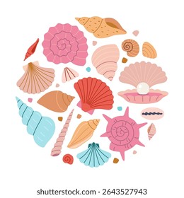 Composição de verão redondo com várias conchas e estrelas-do-mar. Arte marinha para temas de praia e decoração náutica. Moderna ilustração vetorial isolado no fundo branco, desenhado à mão, design plano