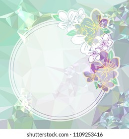 Round summer frame with flowers on a square mosaic background. Copy space. Wreath of flowers. Vector clip art.
