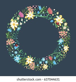Round summer frame with flowers, plants and place for your text. Can be used as a banner, logo, wallpaper, cover or postcard, background or illustration on a T-shirt