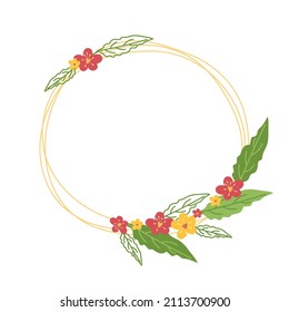 A round summer frame made of flowers and leaves with a place for text. Vector illustration on a white background for decor and for wedding invitations