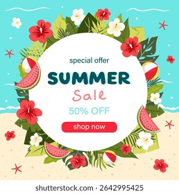 Round summer sale banner with tropical flowers, leaves, watermelon slices, and beach balls on sand and sea background. Vector template with "shop now" button and discount text.