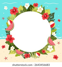 Round summer sale banner with tropical flowers, leaves, watermelon slices, and beach balls on sand and sea background. Vector template