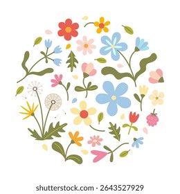 Round summer or spring composition with wildflowers, butterflies and leaves in soft pastel colors. Trendy modern vector illustration isolated on white background, hand drawn, flat design