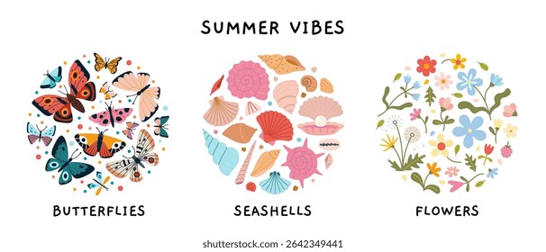 Round summer vibes compositions with colorful butterflies, seashells and wildflowers. Trendy modern vector illustration isolated on white background, hand drawn, flat design