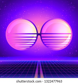 Round sun glasses. Vector illustration over Retro vintage 80s or 90s geometric style abstract. Psychedelic concept. 1980s style background.