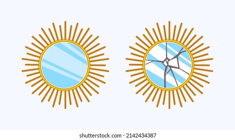 Round Sun Mirror Whole And Broken.Gold Wall Mirror With Cracks On Glass In Cartoon Style.Modern Home Decor In Flat Vector Illustration Isolated On White Background.