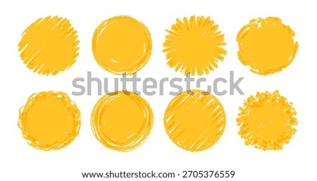 Round sun watercolor paint shape sets. Hand drawn rough yellow circle shape ink brush stroke grunge texture. Grunge circular rough brush badge background Japanese sun elements. Vector illustration