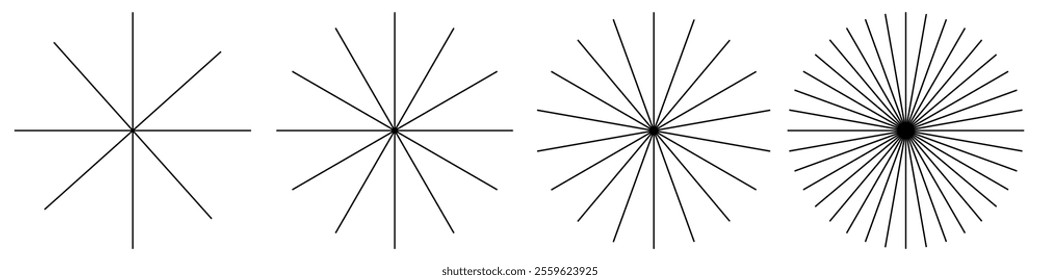 Round sunburst, line pen radial frame icon set. Radial lines stripes radiating streaks strips. Radial, radiating, converging Circular rotating lines. EPS vector illustration