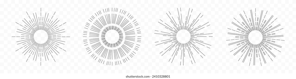 Round sunburst, line radial frame icon set	