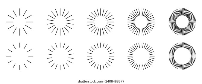 Round sunburst, line radial rays, frame icon set