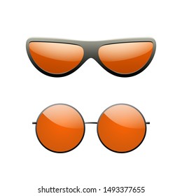 Round sunglasses 3D set. Summer sunglass shade isolated white background. Fun color sun glass. Realistic design eye sight protection. Fashion eyeglasses. Beach sunlight accessory Vector illustration