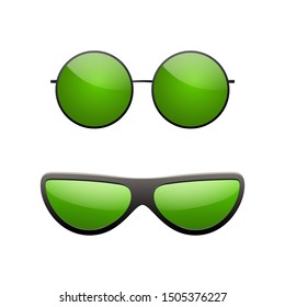 Round sunglasses 3D set. Summer sunglass shade isolated white background. Fun color sun glass. Realistic design eye sight protection. Fashion eyeglasses. Beach sunlight accessory Vector illustration