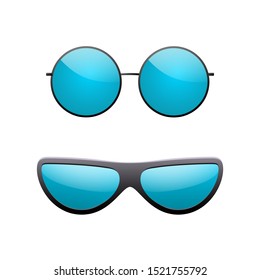 Round sunglasses 3D set. Summer sunglass shade isolated white background. Fun color sun glass. Realistic design eye sight protection. Fashion eyeglasses. Beach sunlight accessory Vector illustration