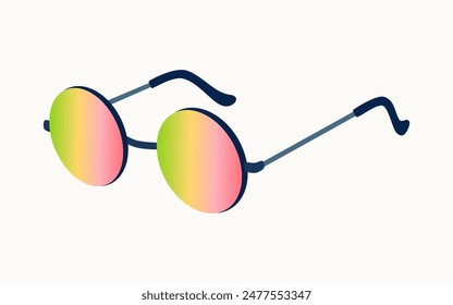 Round sunglasses with multicolored gradient lenses. Summertime accessory. Hand drawn vector illustration isolated on white background, flat cartoon style.