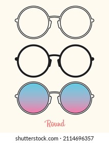 Round sunglasses set. Outline, silhouette, color.