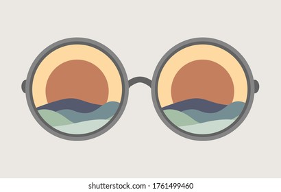 Round sunglasses summer concept design.Vector illustration of round glasses with abstract wavy ocean concept.