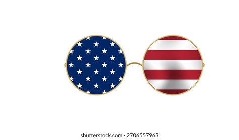 Round sunglasses with a unique design showcasing the american flag on the lenses against a white backdrop.