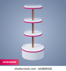 Round supermarket Shelves, vector mockup. Duty store display rack 3d.