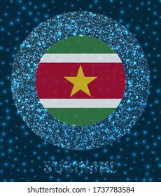 Round Suriname badge. Flag of Suriname in glowing network mesh style. Country network logo. Appealing vector illustration.