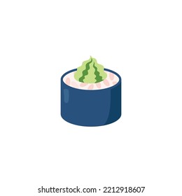 Round sushi roll in dark seaweed with wasabi on top flat style, vector illustration isolated on white background. Traditional Japanese food, design element for menu or web