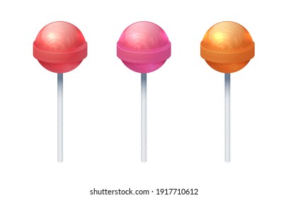 Round sweet lolly candies. Realistic colorful lollipop set. Caramel spheres on plastic sticks. Sugary food, isolated yummy confectionery. Red, pink and yellow bonbons, vector unhealthy snack for kids