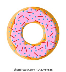 Round sweet tasty hearty hot fresh donut, pastries, cookies with sugar topping in pink icing on a white background. Vector illustration