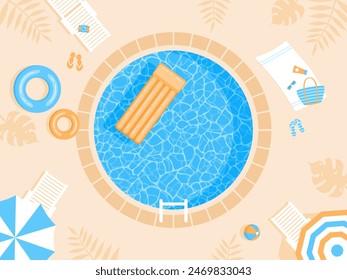 Round swimming pool with sunbeds, beach umbrellas and beach items around, top view. Flat vector illustration