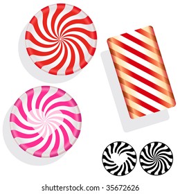 Round swirl candy.  Vector set includes circle, bar, and silhouette mints, as well as Valentine's Day heart peppermints.