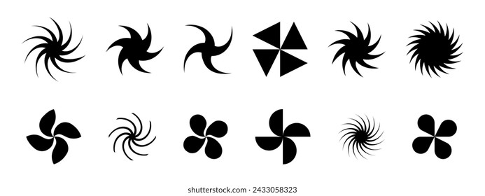 Round swirl, spin, spiral icons. Fan, propeller, pinwheel toy, windmill signs. Flow, vortex, vertigo or tornado symbols isolated on white background. Vector graphic illustration.