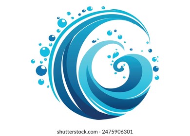 Round swirl water flow splash with splatters, clean blue water wave isolated on white background. Liquid water drops, water flows and waves flat vector illustration.