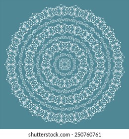 Round swirly design element isolated on blue background. Circle pattern borders in white colors. Vector illustration. Could be used for web-design, decoration, etc. 