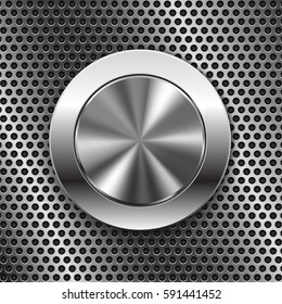 Round switch knob button on metal perforated background. Vector 3d illustration