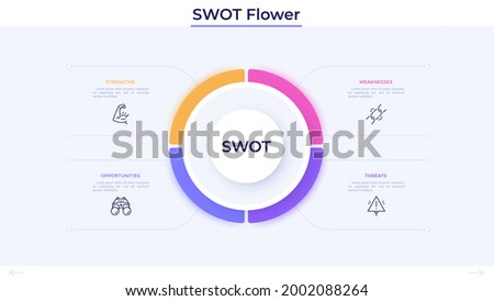 Round SWOT diagram divided into 4 parts. Concept of advantages and disadvantages of company. Minimal infographic design template. Modern flat vector illustration for strategic business planning.