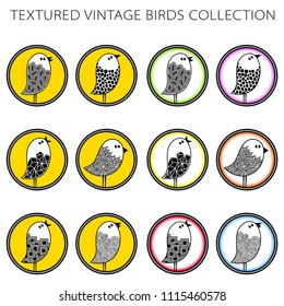 Round symbol collection. Birds as a main design objects contain different texture types.