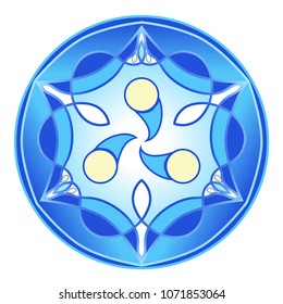 A round symbol of the elements of water or wind in blue.