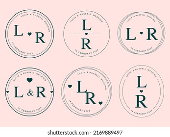 Round symbol set for romantic greeting card. Monogram linear flat wedding logo collection. Minimal frame design element. Circle border invitation template. vector illustration.