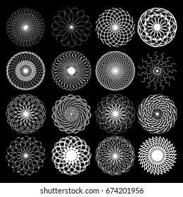 Round symbols spirographs design element set. Template for creating logo emblem, monogram frame. Linear style geometry mandalas. Vector.