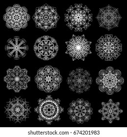 Round symbols spirographs design element set. Template for creating logo emblem, monogram frame. Linear style geometry mandalas. Vector.