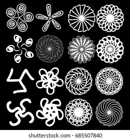 Round symbols spirographs design element set. Template for creating logo emblem, monogram frame. Linear style geometry mandalas. Vector.