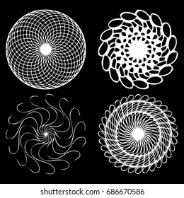 Round symbols spirographs design element set. Template for creating logo emblem, monogram frame. Linear style geometry mandalas. Vector.