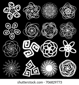 Round symbols spirographs design element set. Template for creating logo emblem, monogram frame. Linear style geometry mandalas. Vector.