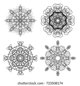 Round symbols spirographs design element set. Template for creating logo emblem, monogram frame. Linear style geometry mandalas. Vector.