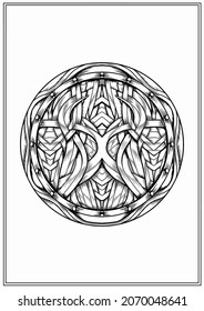 Round, symmetric shield with braided nordic patterns and metal balls, graphic abstraction without background with an ornament of Scandinavian knots, decorative circle with hatching and drawing inside.