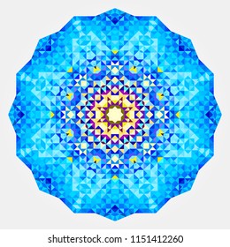 Round symmetrical digital ornament. Abstract Blue Yellow Mandala.