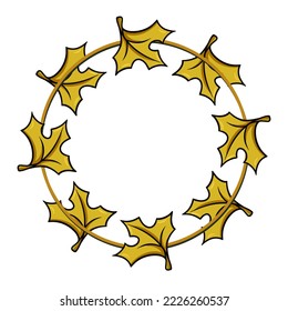 Round symmetrical frame, bright autumn maple leaves, leaf fall, copy space, vector illustration in cartoon style